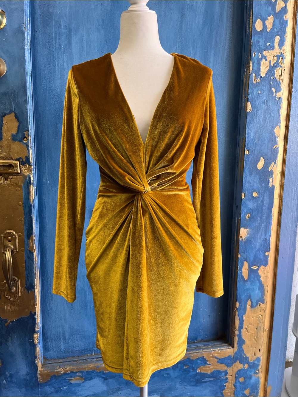 Cosmopolitan Velvet Twist-Knot Mini Dress in Mustard